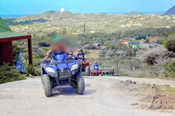 Quad bikes on a dusty trail among cactus scrub