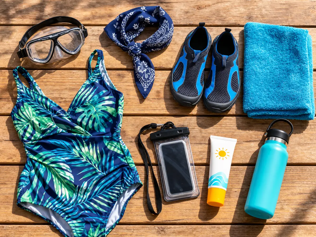 Staubbrille, Halstuch, Wasserschuhe, Badeanzug, Handtuch und Sonnencreme auf einem Holzdeck